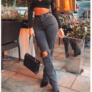 Free people we the free black high waisted knee distressed jeans size 25